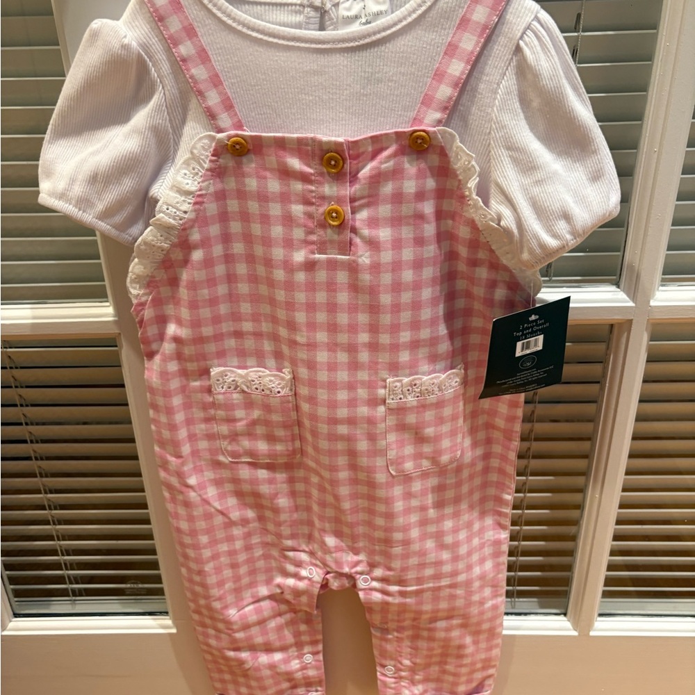Laura Ashley Pink Gingham Kids Overalls and Ribbed Shirt Set